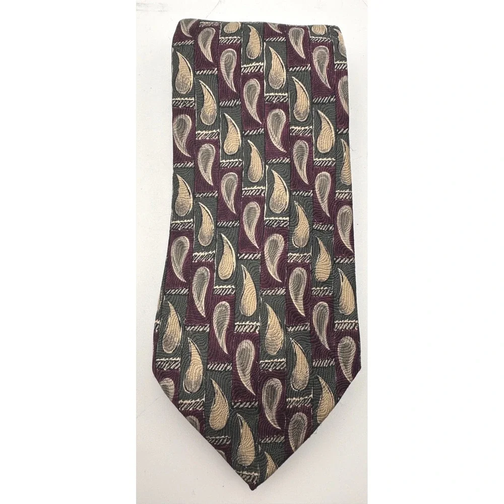 Bill Blass Signature 100% Silk Men's Tie Burgundy Gray Gold Paisley Geometric